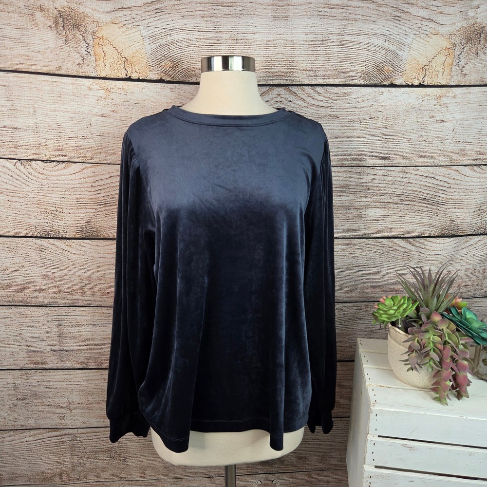 LOFT Women Navy Blue Velvet Long Sleeve Crew Neck Puffed Shoulder Top XL New